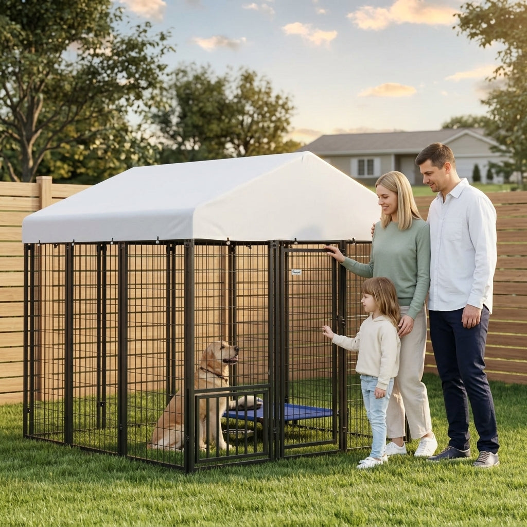 5.9' x 5.9' x 6' Outdoor Dog Kennel with Roof, Rotating & 4-Level Adjustable Bowls