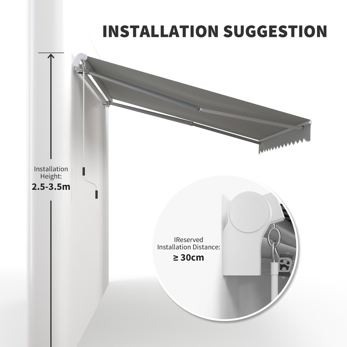 12' x 8' Retractable Awning Patio Awnings Sun Shade Shelter with Manual Crank Handle, 280g/m² UV & Water-Resistant Fabric and Aluminum Frame for Deck, Balcony, Yard, Light gray