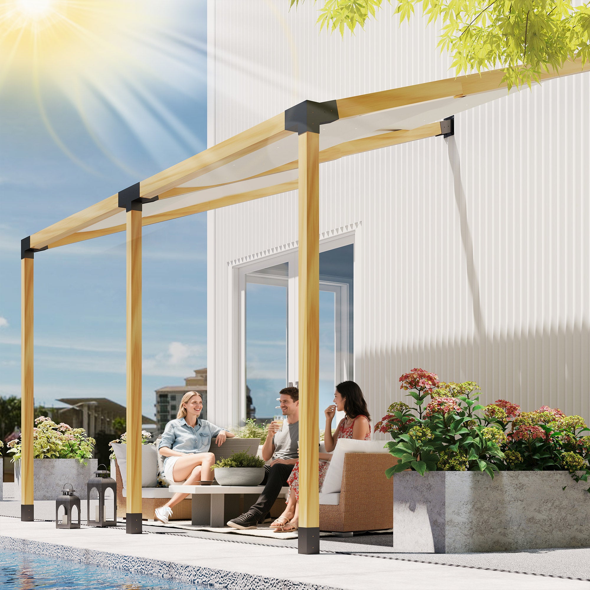 Pergola Kit, 15° Slanted Pergola Brackets w/ 4-Way/3-Way Brackets, Post Bases, Wall Mounts for 3.6" X 3.6" Lumber, Black