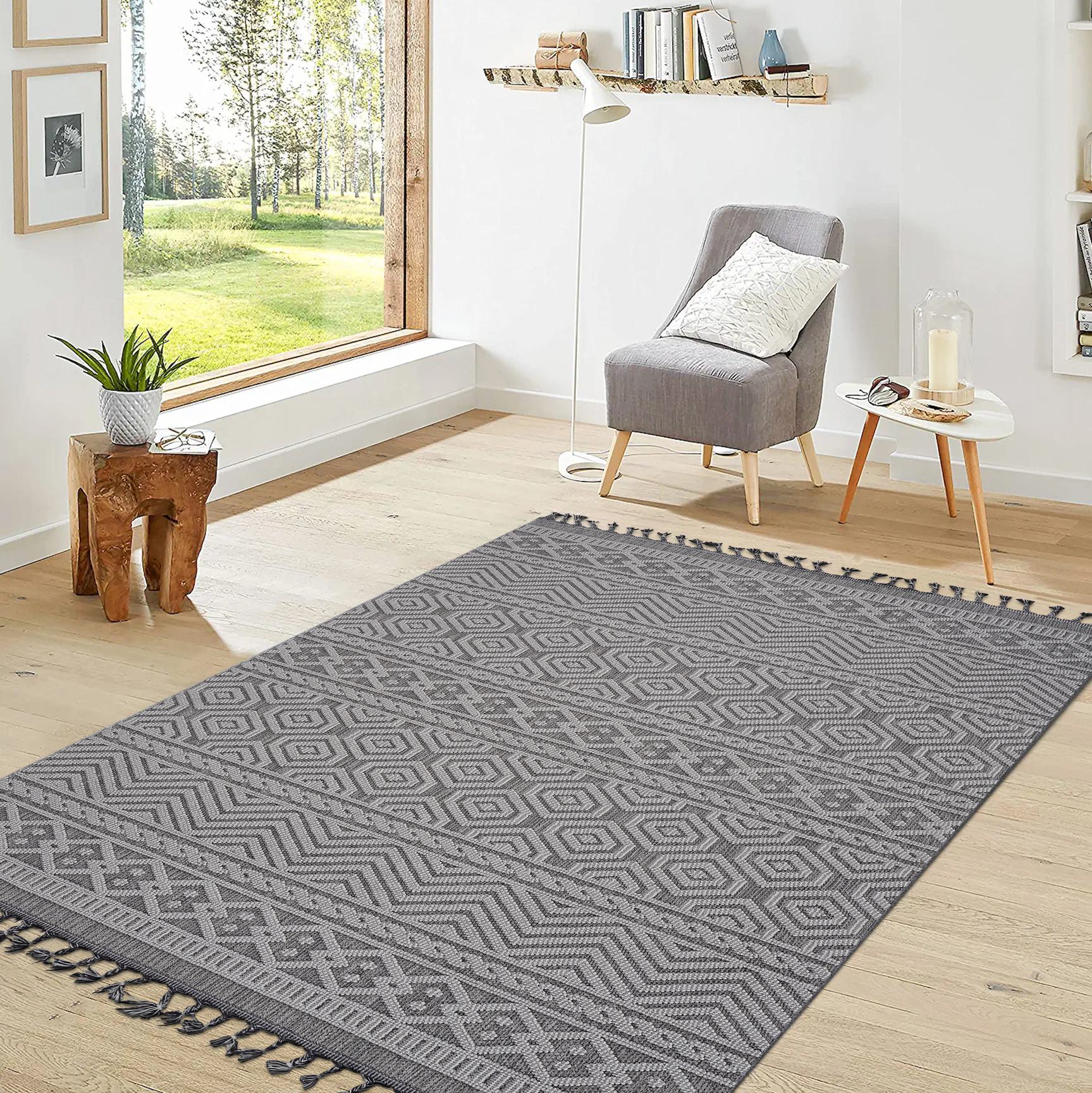 6x9 Stain Resistant Geometric Indoor Outdoor Area Rug, Kid and Pet-Friendly Non-Shedding Carpet, 93" L x 79" W x 0.3" H, Gray+White