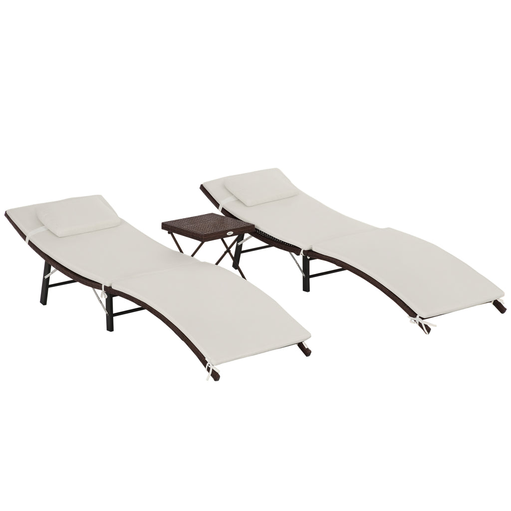 Patio Chaise Set, Set Of 2 Folding Pool Lounge Chairs with Side Table, Outdoor PE Rattan Wicker, Cushion, Pillow for Beach, Beige