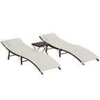 Patio Chaise Set, Set Of 2 Folding Pool Lounge Chairs with Side Table, Outdoor PE Rattan Wicker, Cushion, Pillow for Beach, Beige