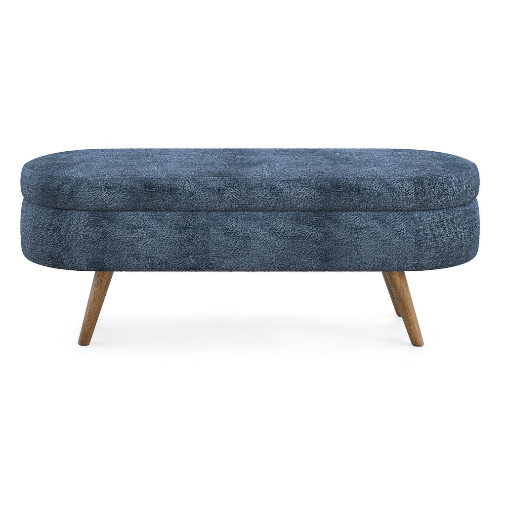 Oval Storage Ottoman Bench with Foam Cushion and Sturdy Rubberwood Legs, Multi-Use Footstool for Bedroom, 43.5" L x 16" W x 16" H, Dark Blue