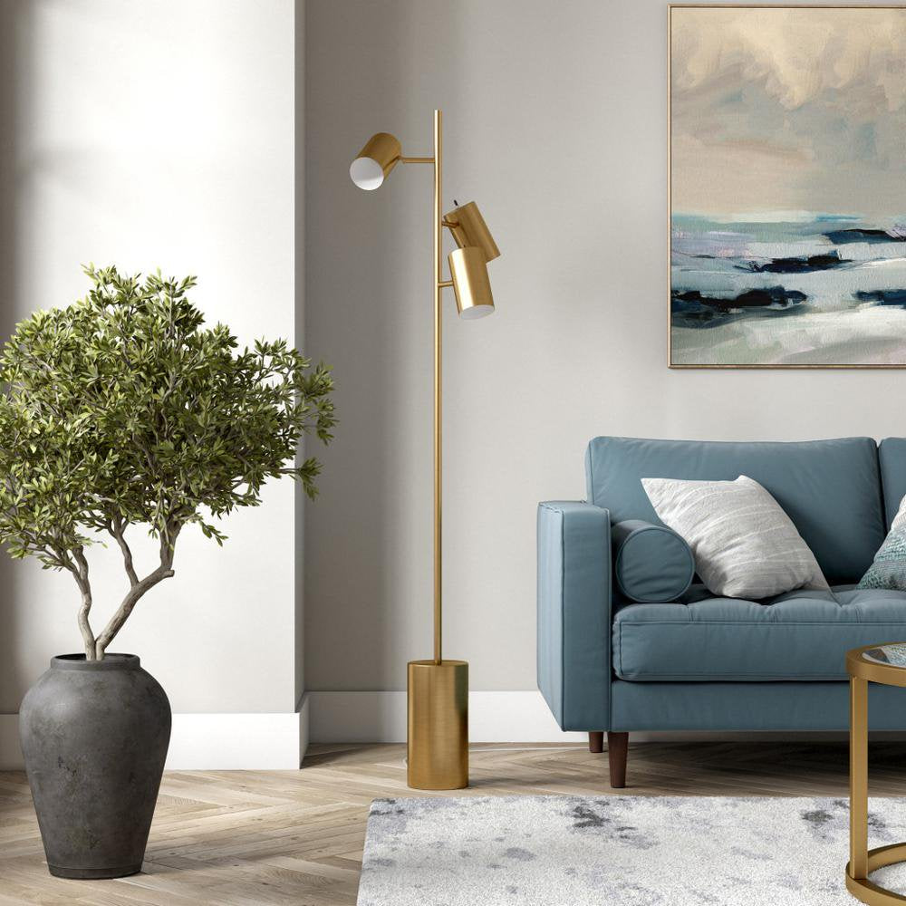 Elegant Brassed Floor Lamp with Triple Spot Design, Rotary Switch, Sleek Metal Block Base, Ideal for Home Decor, 6" L x 18" W x 63" H, Gold