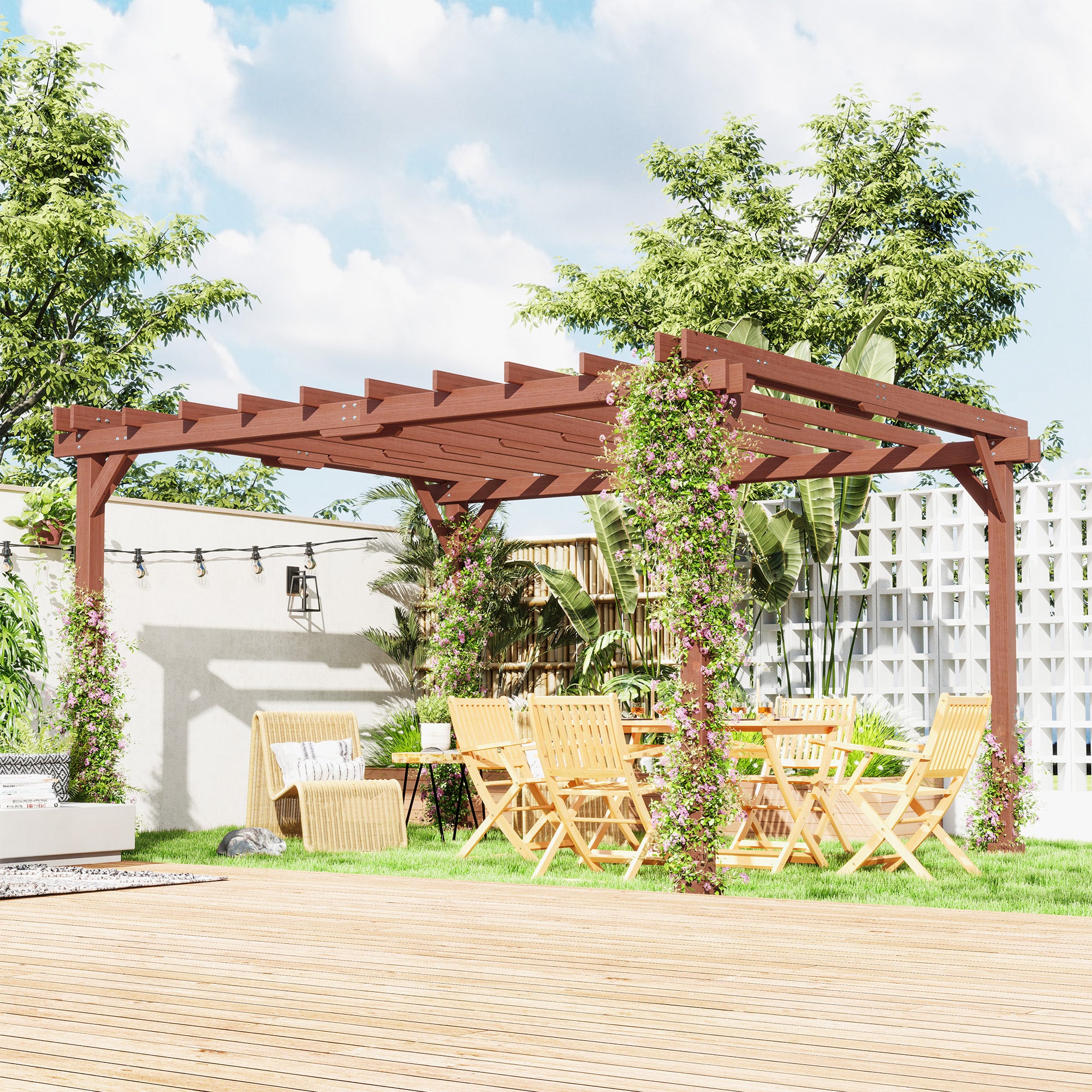 11' x 12.5' Outdoor Wood Pergola with Grape Trellis for Patio, Deck, Backyard, Lawn