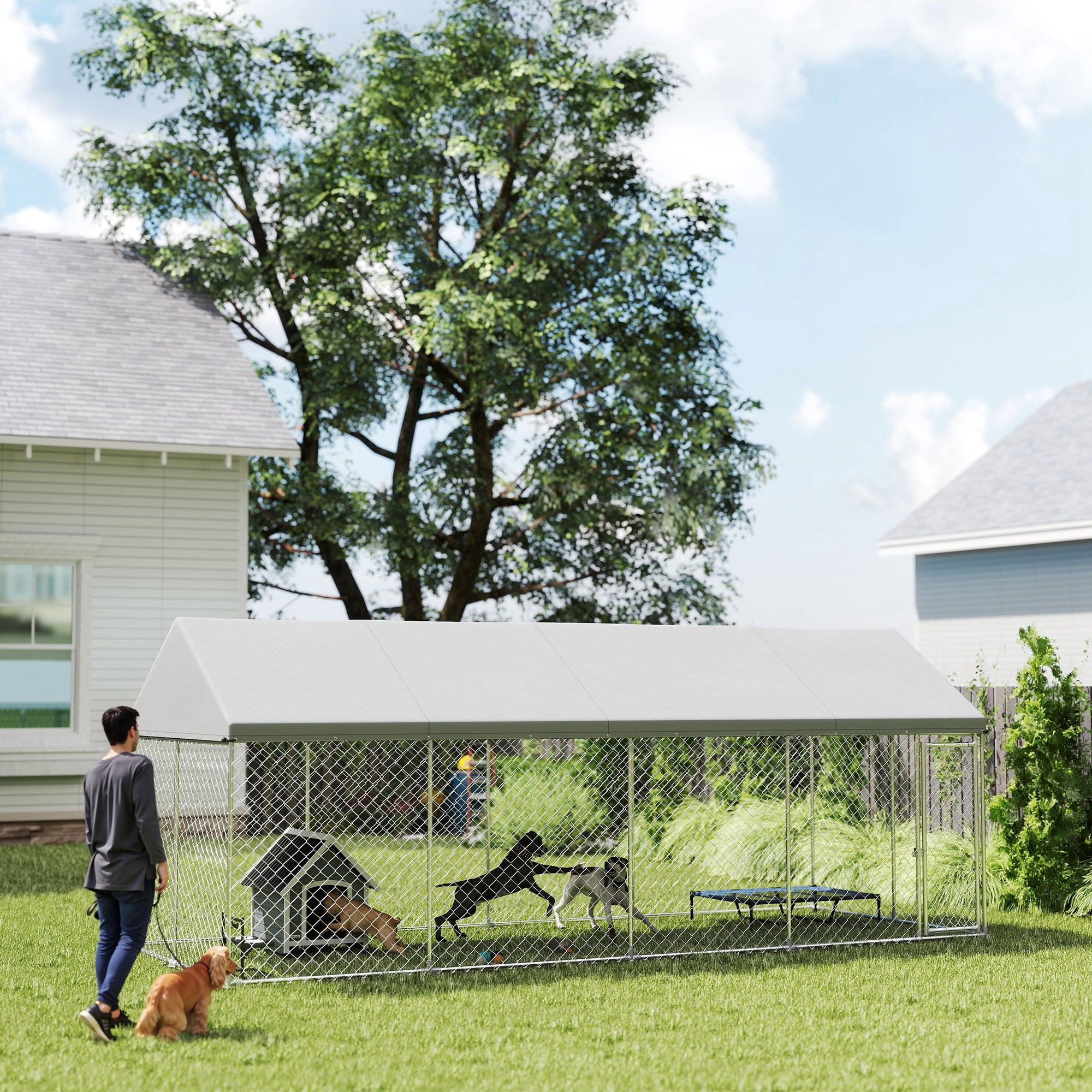 Heavy Duty Outdoor Dog Kennel with Waterproof Roof, Secure Latch, Chain Link Dog Run for Backyard, 20' x 7.5' x 8'