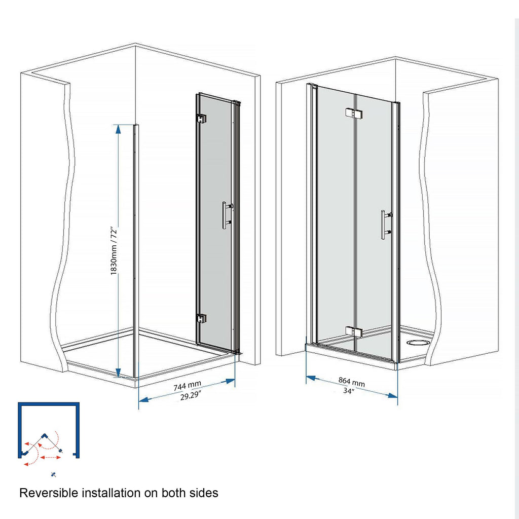 34" Bi-Fold Shower Door with Explosion-Proof Film and Tempered Glass, Bathroom Door with Stainless Steel Handle, 34" L x 0.5" W x 72" H, Chrome