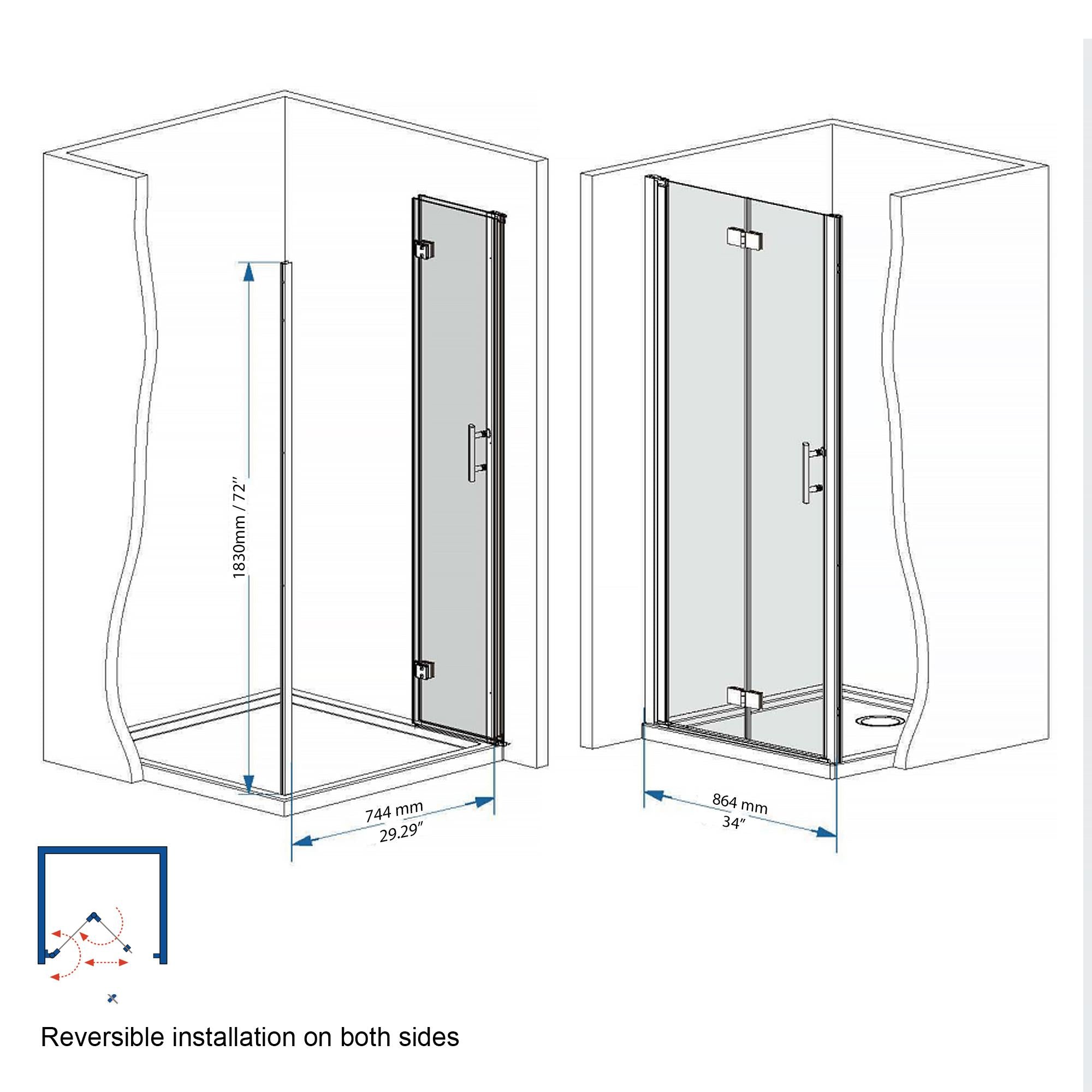 34" Bi-Fold Shower Door with Explosion-Proof Film and Tempered Glass, Bathroom Door with Stainless Steel Handle, 34" L x 0.5" W x 72" H, Chrome