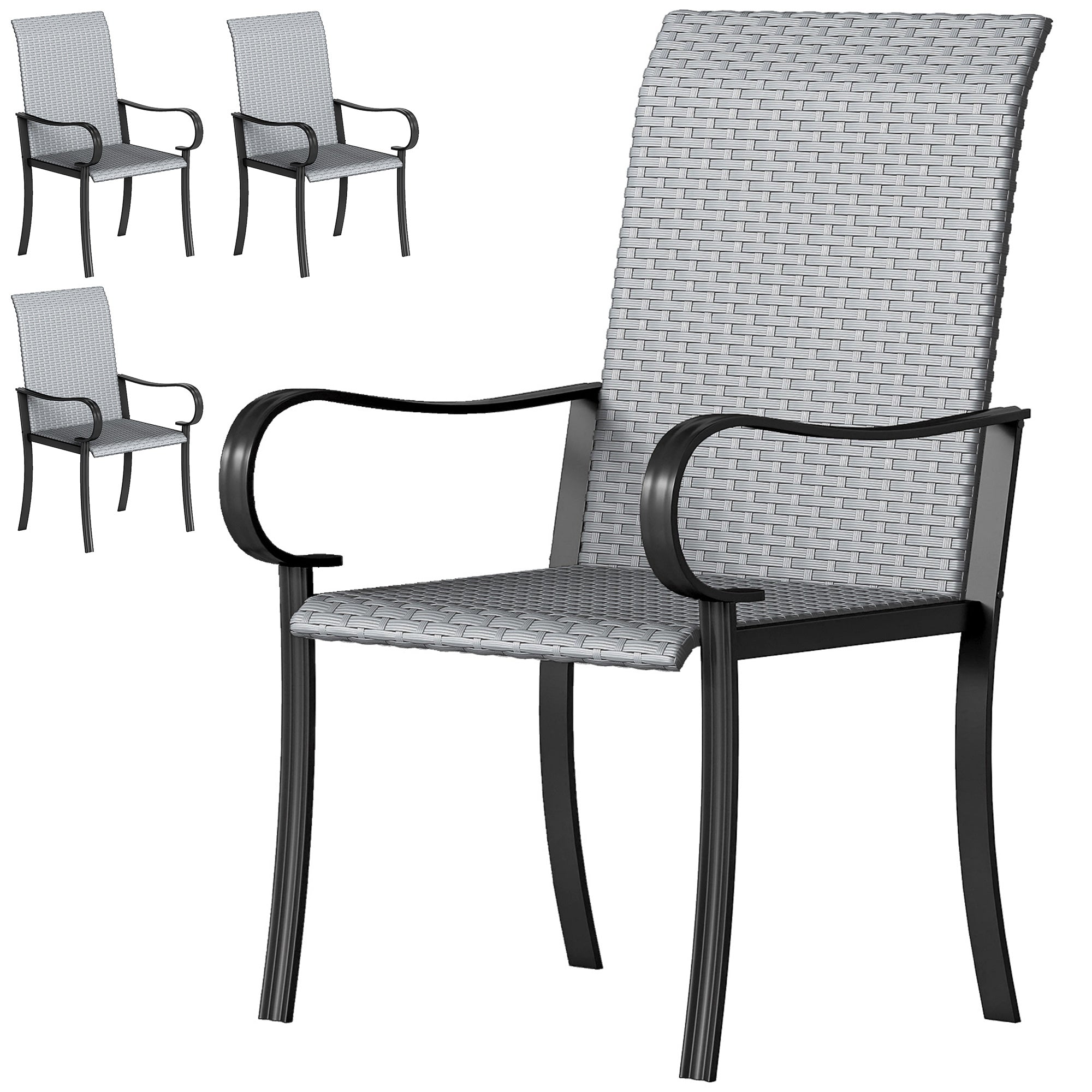 Set of 4 Outdoor Wicker Dining Chairs with Armrest, Steel Frame, High Back and Deep Seating, Gray