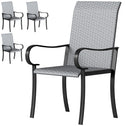 Set of 4 Outdoor Wicker Dining Chairs with Armrest, Steel Frame, High Back and Deep Seating, Gray