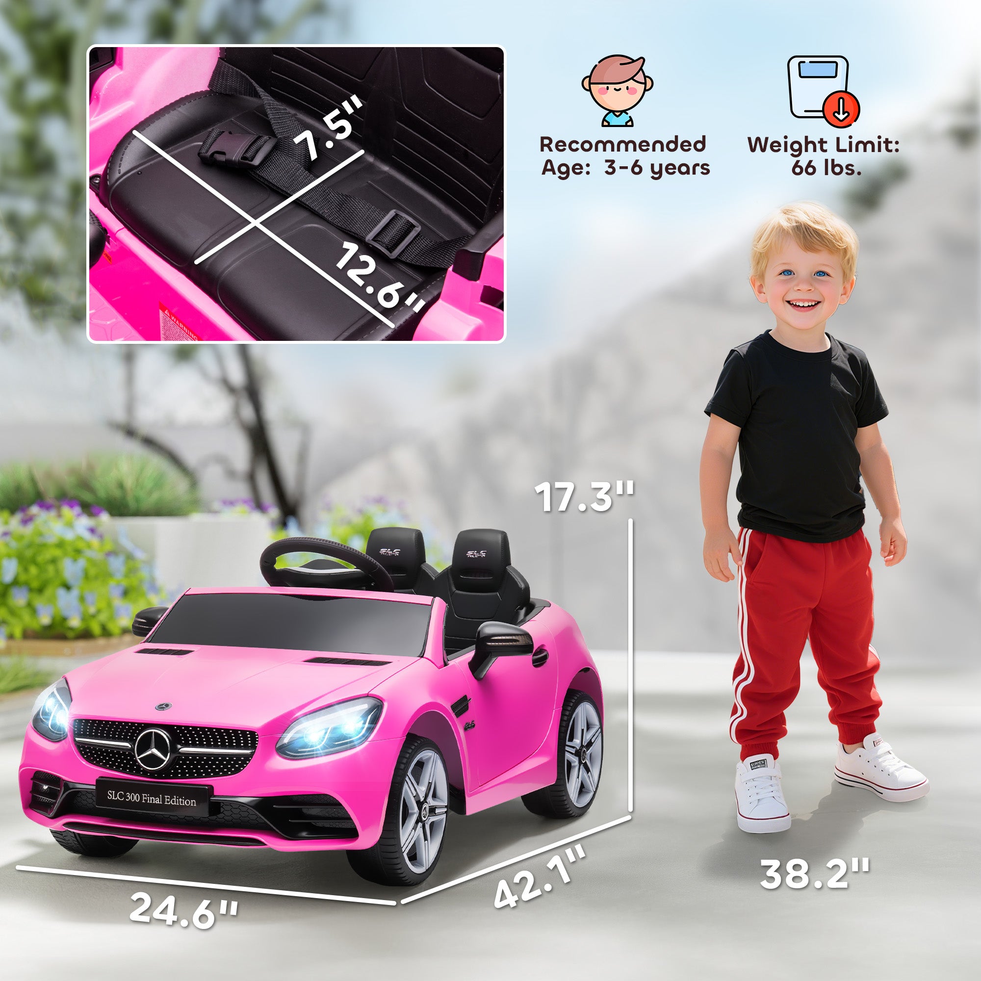 SLC 300 Licensed 12V Ride On Car for Kids with Remote Control, 2 Speeds, Battery Powered Kids Electric Car with Music, Lights, Suspension for 3-6 Years Old, Pink