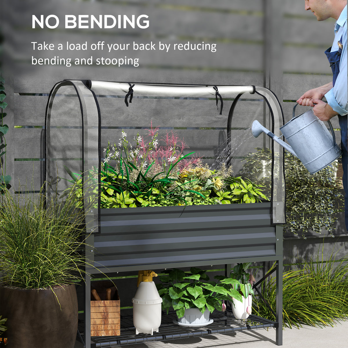 Raised Garden Bed with Legs and Cover, Metal Elevated Planter Box with Bottom Shelf and Liner for Vegetables, Dark Gray
