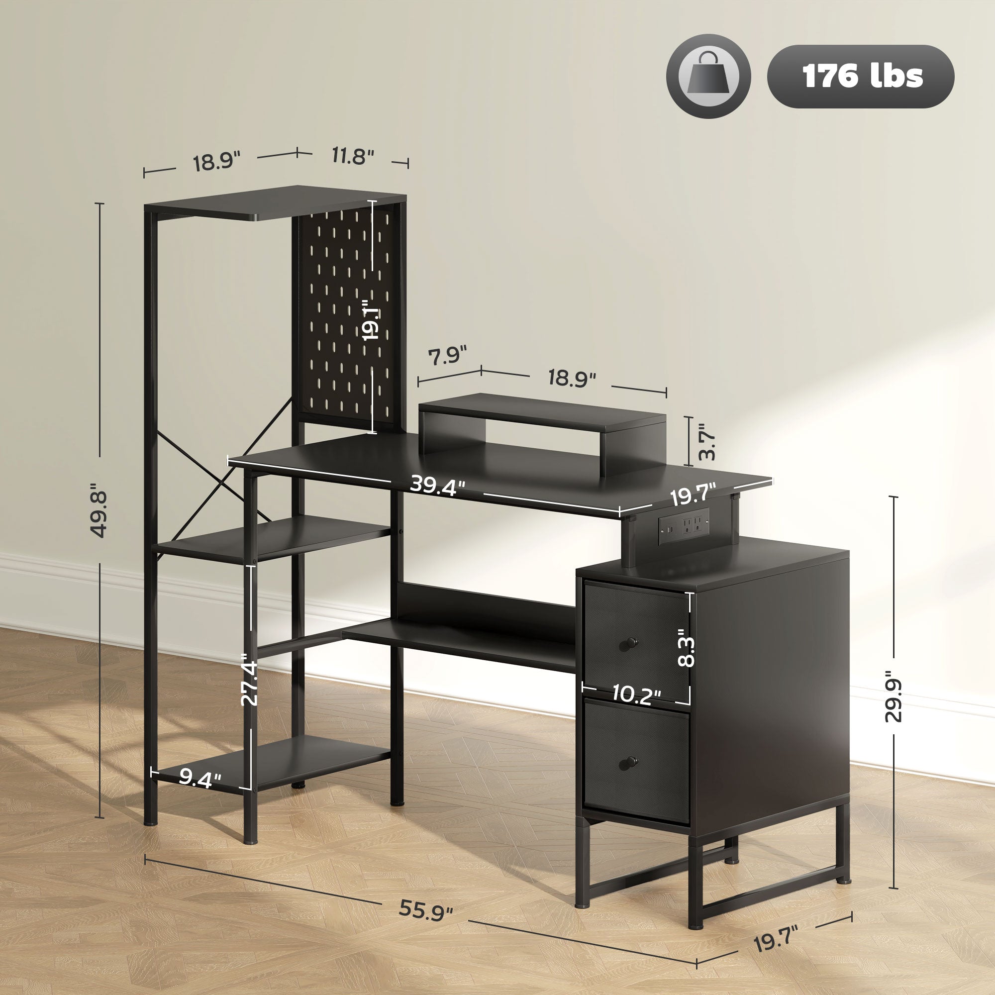 56" Computer Desk with Storage, Computer Table with Power Outlets and LED Lights, Black