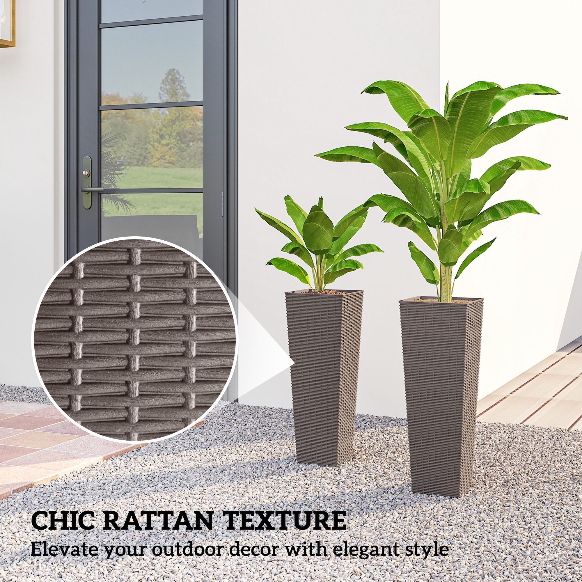 23.6 Inch Tall Planters for Outdoor Plants, Set of 2 Plastic Flower Pots with Drainage Holes, Brown