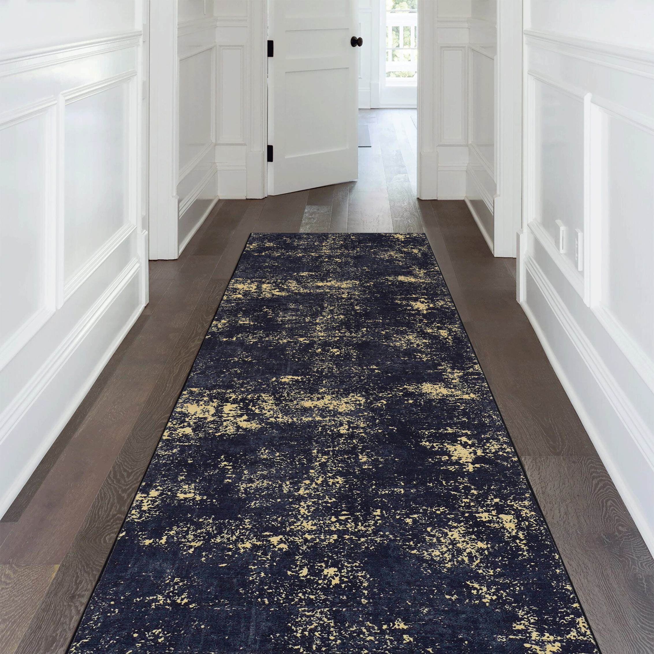 2x10 Non-Slip Machine Washable Area Rug with Low-Pile, Non-Shedding Kid and Pet Friendly Carpet, 120" L x 30" W x 0.15" H, Black+Gold