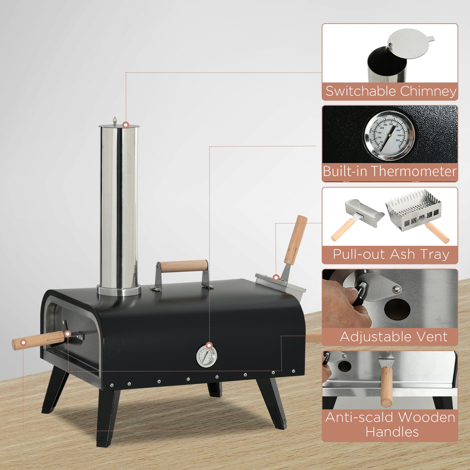 Pellet Wood Fired Pizza Oven Outdoor Pizza Maker with 12" Stone, Peel and Waterproof Cover