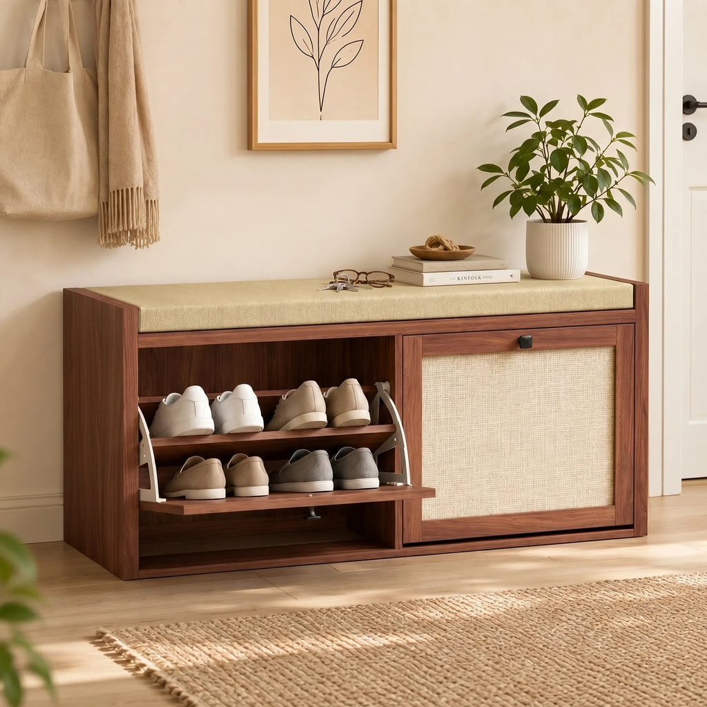 Shoe Storage Bench with Padded Seat, Shoe Storage Bench 2 Rattan Doors for Entryway, Brown