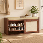 Shoe Storage Bench with Padded Seat, Shoe Storage Bench 2 Rattan Doors for Entryway, Brown
