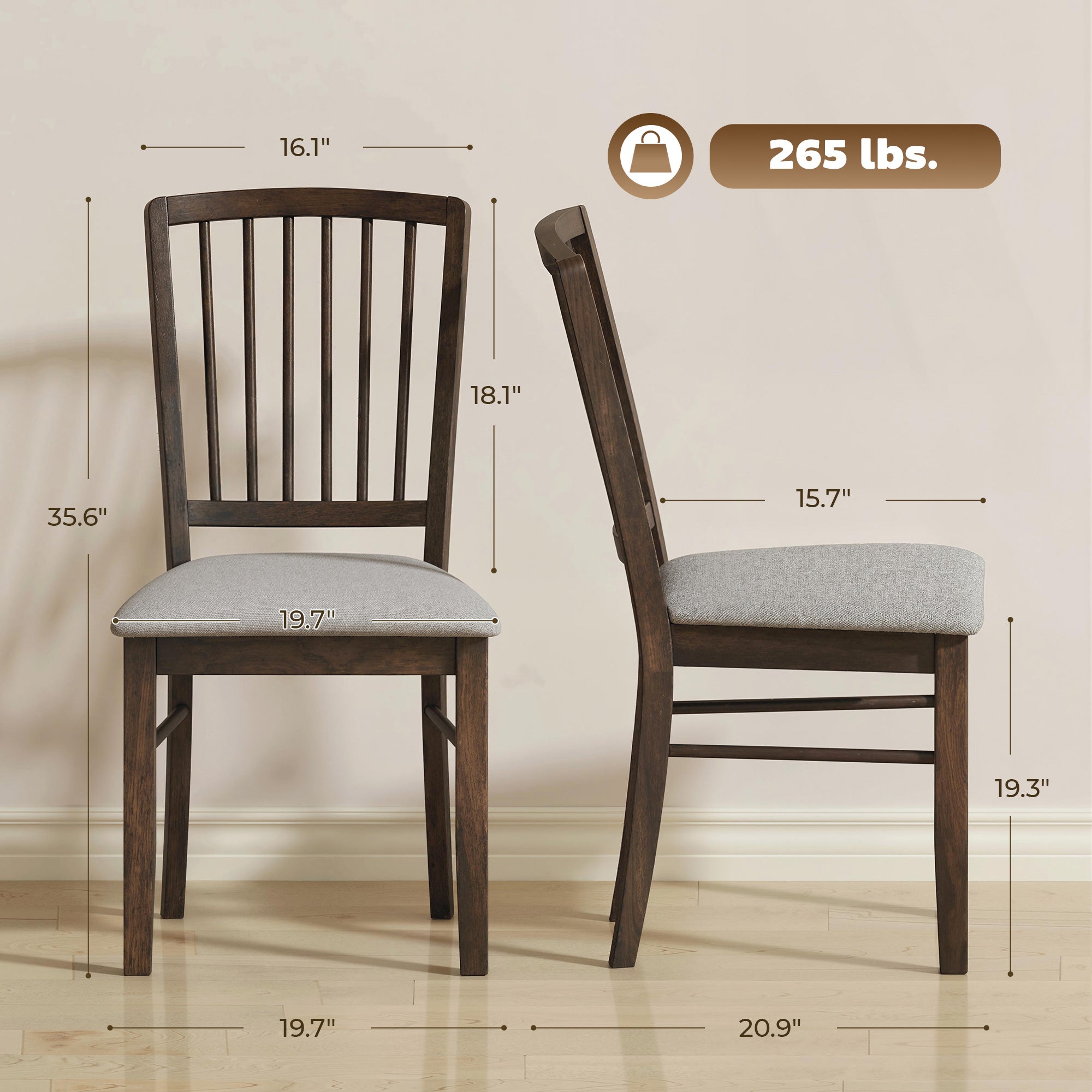 Dining Chairs Upholstered Kitchen Chairs with Rubberwood Legs Set of 2, Burn Brown