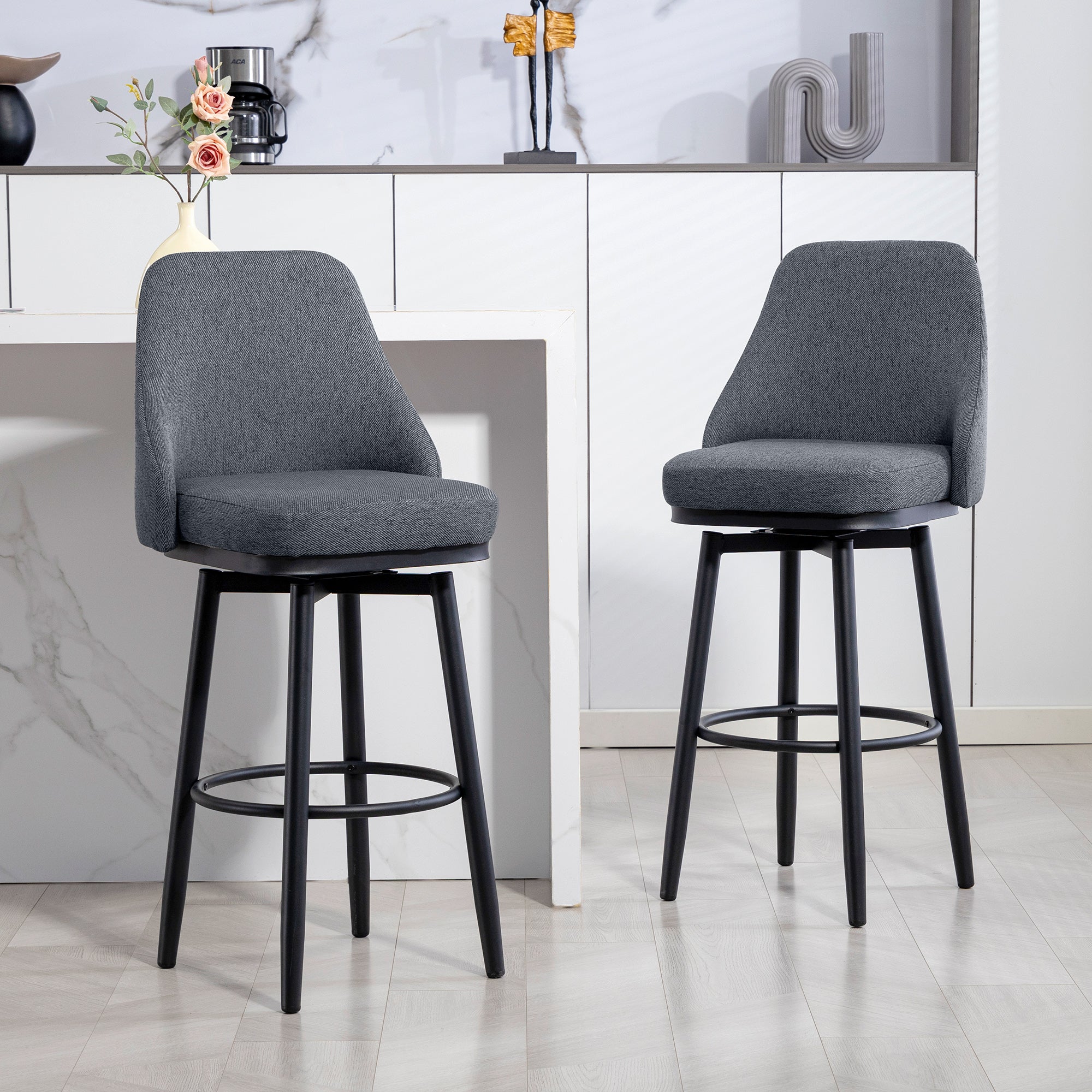 Modern Bar Stools, Set of 2 Swivel Kitchen Chairs, Dark Gray