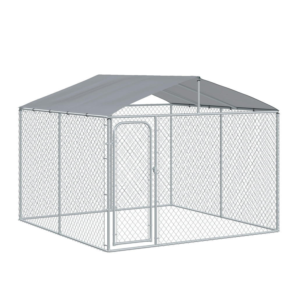 Outdoor Dog Kennel Galvanized Steel Fence with Cover Secure Lock Mesh Sidewalls for Backyard 9.8' x 9.8' x 7.7'