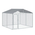 Outdoor Dog Kennel Galvanized Steel Fence with Cover Secure Lock Mesh Sidewalls for Backyard 9.8' x 9.8' x 7.7'