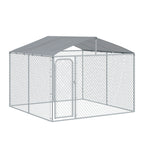 Outdoor Dog Kennel Galvanized Steel Fence with Cover Secure Lock Mesh Sidewalls for Backyard 9.8' x 9.8' x 7.7'