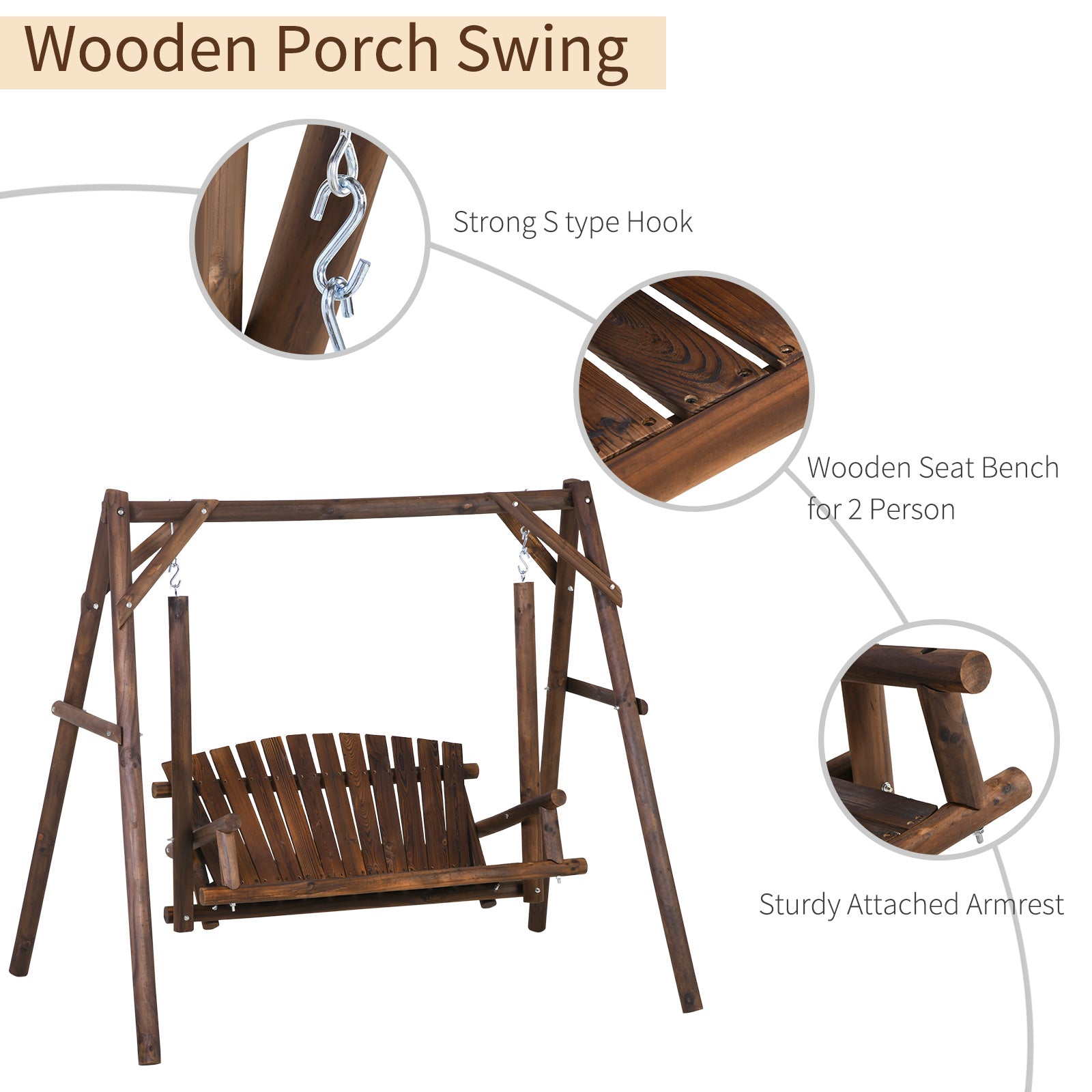 2-Seat Wooden Swing Bench, Ergonomic Design, 'A' Frame Construction, Stable and Non-Slip, Solid Wood Frame Log Garden Swing, for Outdoor and Indoor, Brown
