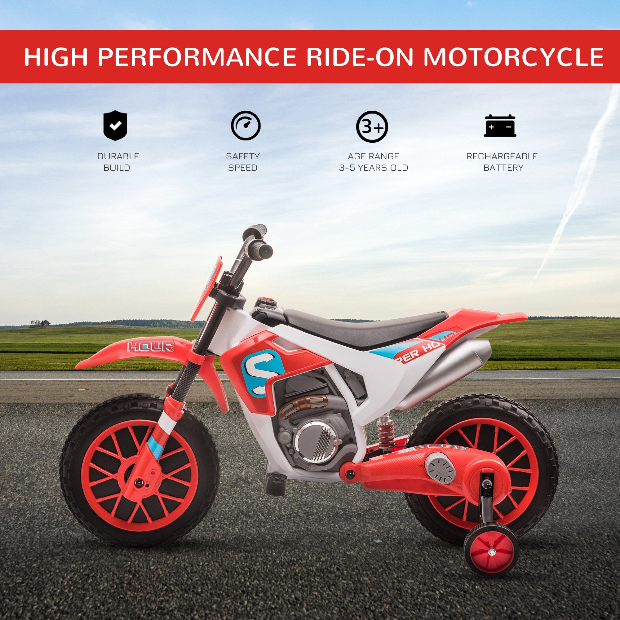12V Electric Kids Ride On Dirt Bike Motorcycle Toy w/ Training Wheels, Red