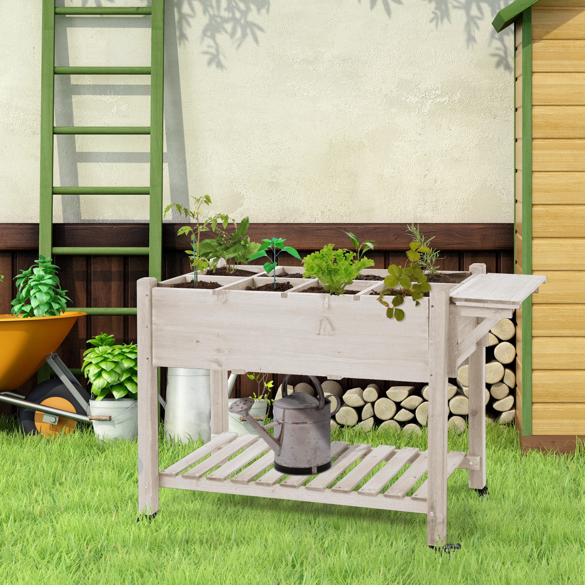 Raised Garden Bed Planter Box w/ 8 Grow Grids, Storage Shelf & Lockable Wheels