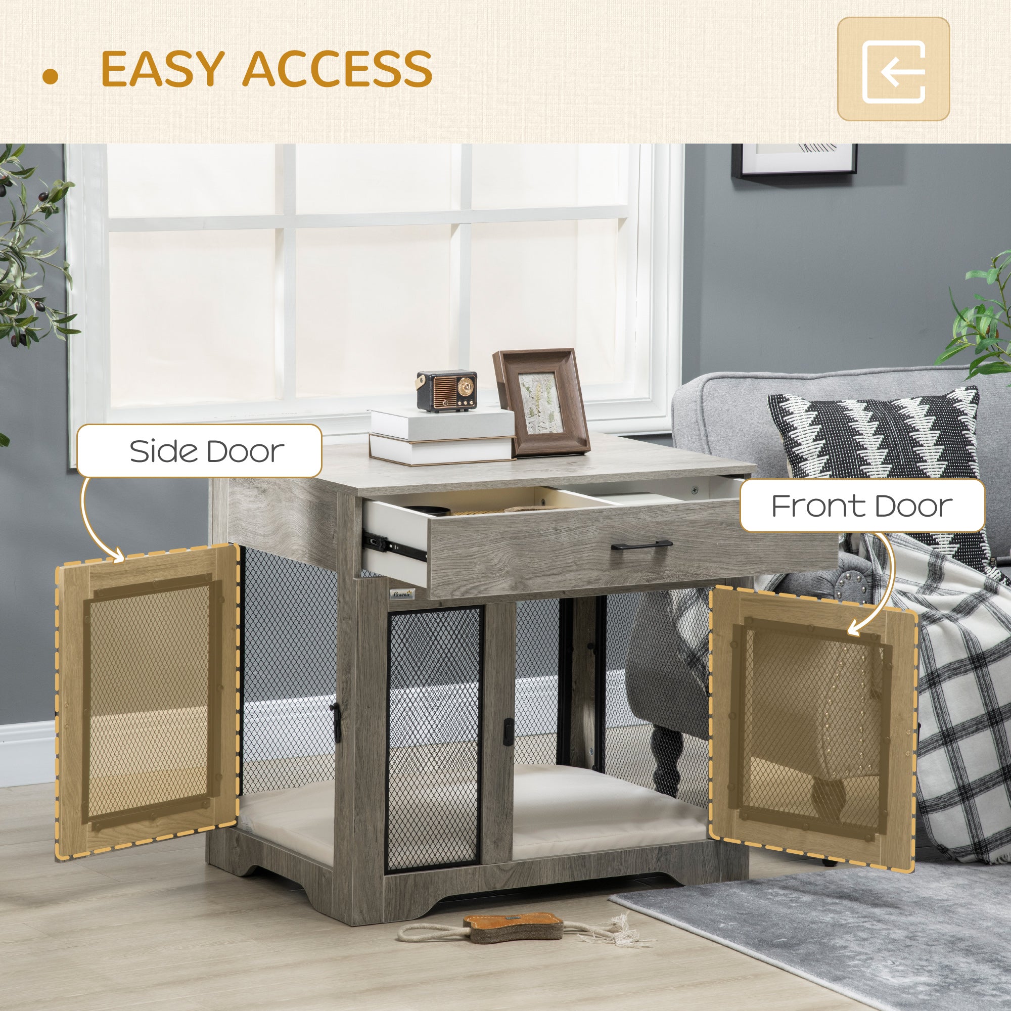 Dog Crate Furniture with Soft Water-Resistant Cushion, Drawer, for Small Dogs, Grey