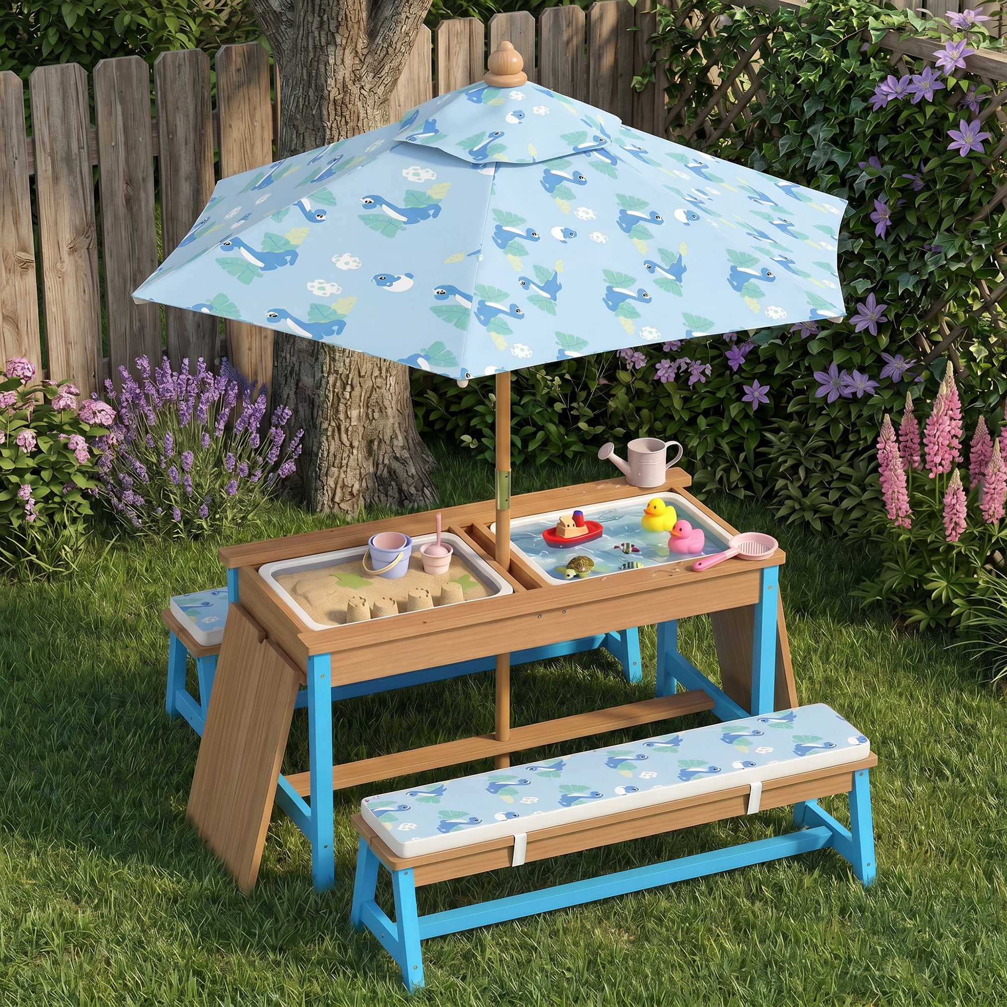 Kids Picnic Table Set with Foldable Umbrella, Removable Cushions & Boxes, Dinosaur Theme, Blue