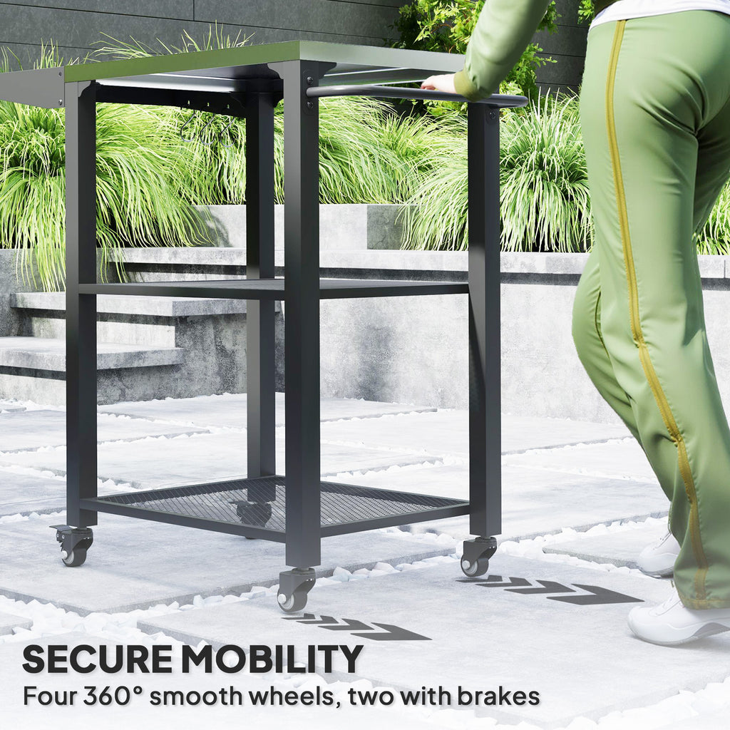 Three-Shelf Outdoor Grill Cart Table with Foldable Side Table, Stainless Steel Top Pizza Oven Stand with Hooks, Silver