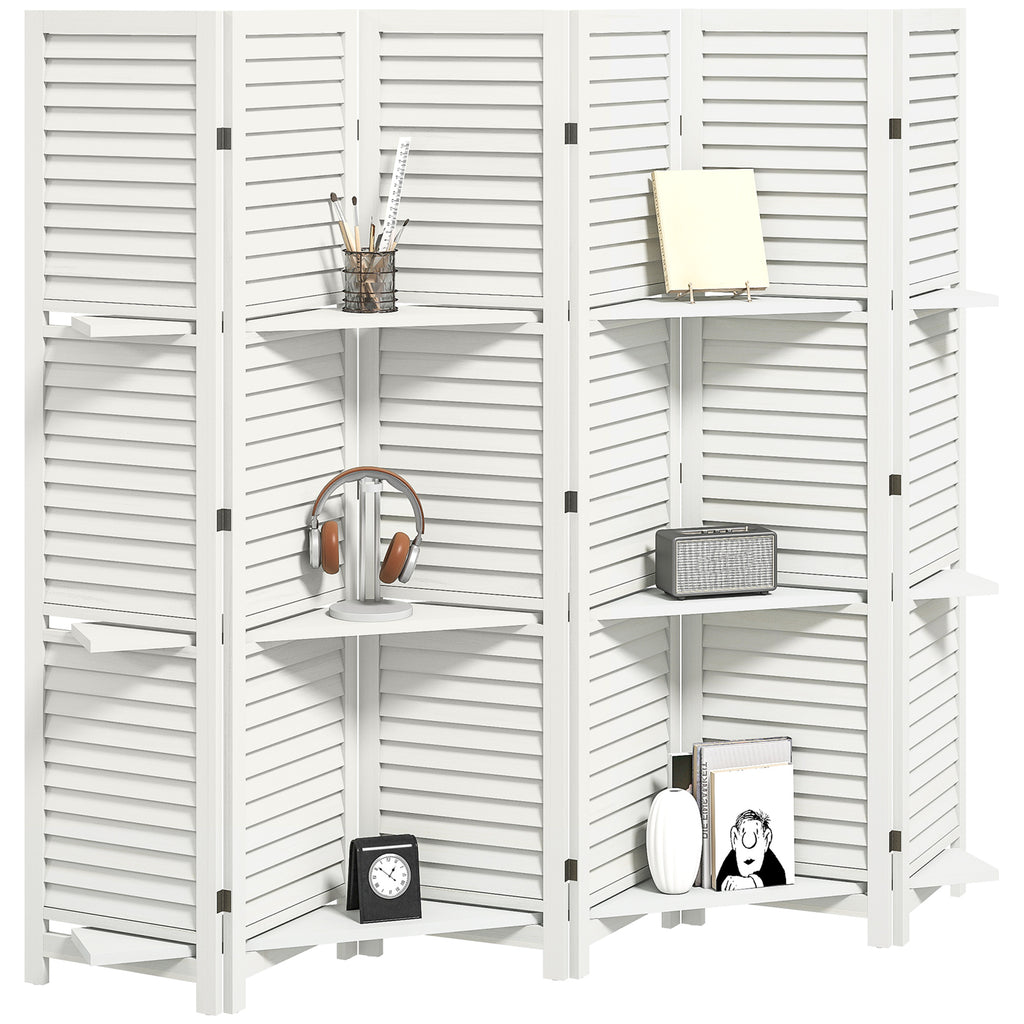 6 Panel 67" Tall Wood Privacy Screen Room Divider with 3 Shelves and Folding Storage for Bedroom, White