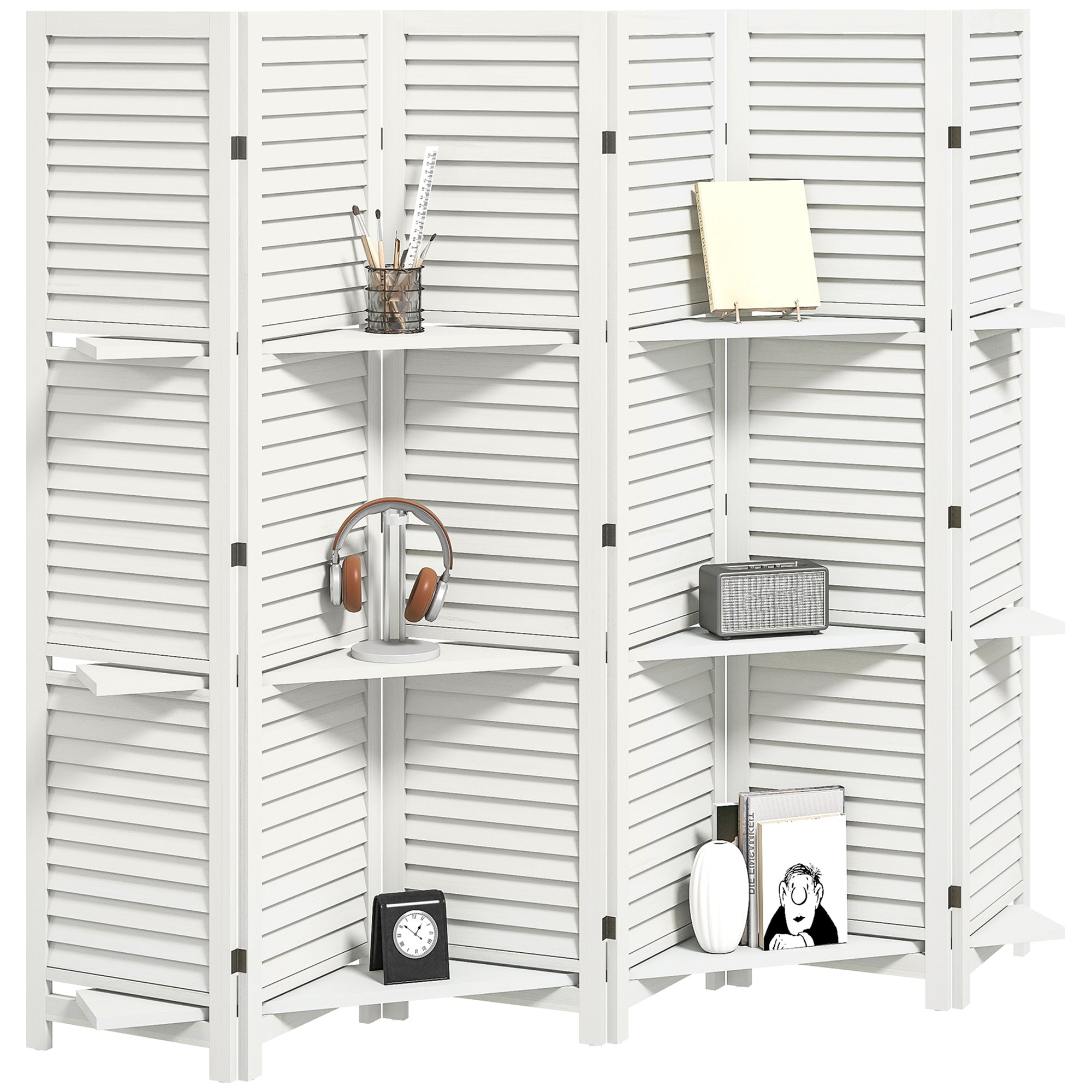6 Panel 67" Tall Wood Privacy Screen Room Divider with 3 Shelves and Folding Storage for Bedroom, White