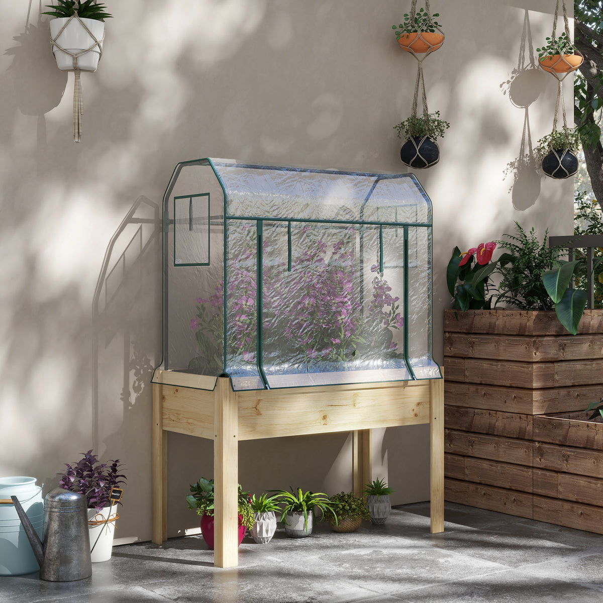 Raised Garden Bed with Plastic Greenhouse Cover Outdoor Planter Box for Herbs and Vegetables, 45x24x65 inch Natural