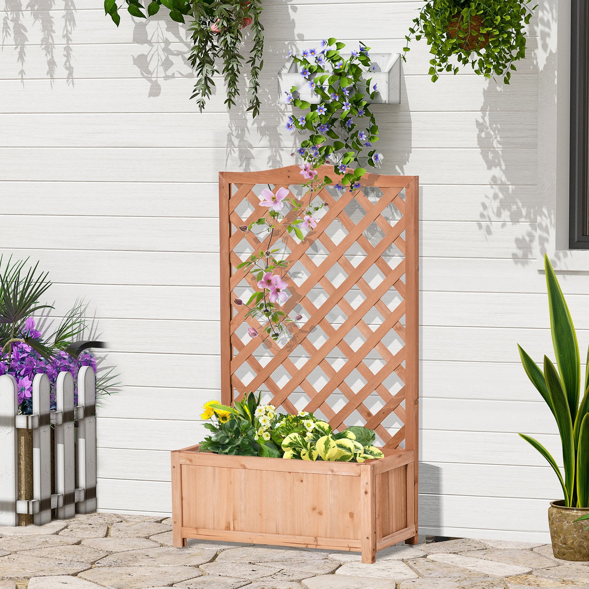 28" x 11" x 46" Raised Garden Bed, Wooden Planter Box w/ Trellis, Brown