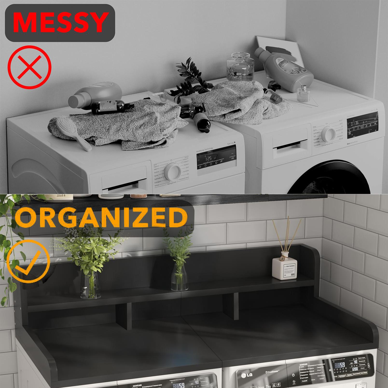 Washer Dryer Countertop with Non-slip Pads, Laundry Wood Shelf Topper with Edge, Double Layer Organizer, 54" L x 27.5" W x 12" H, Black