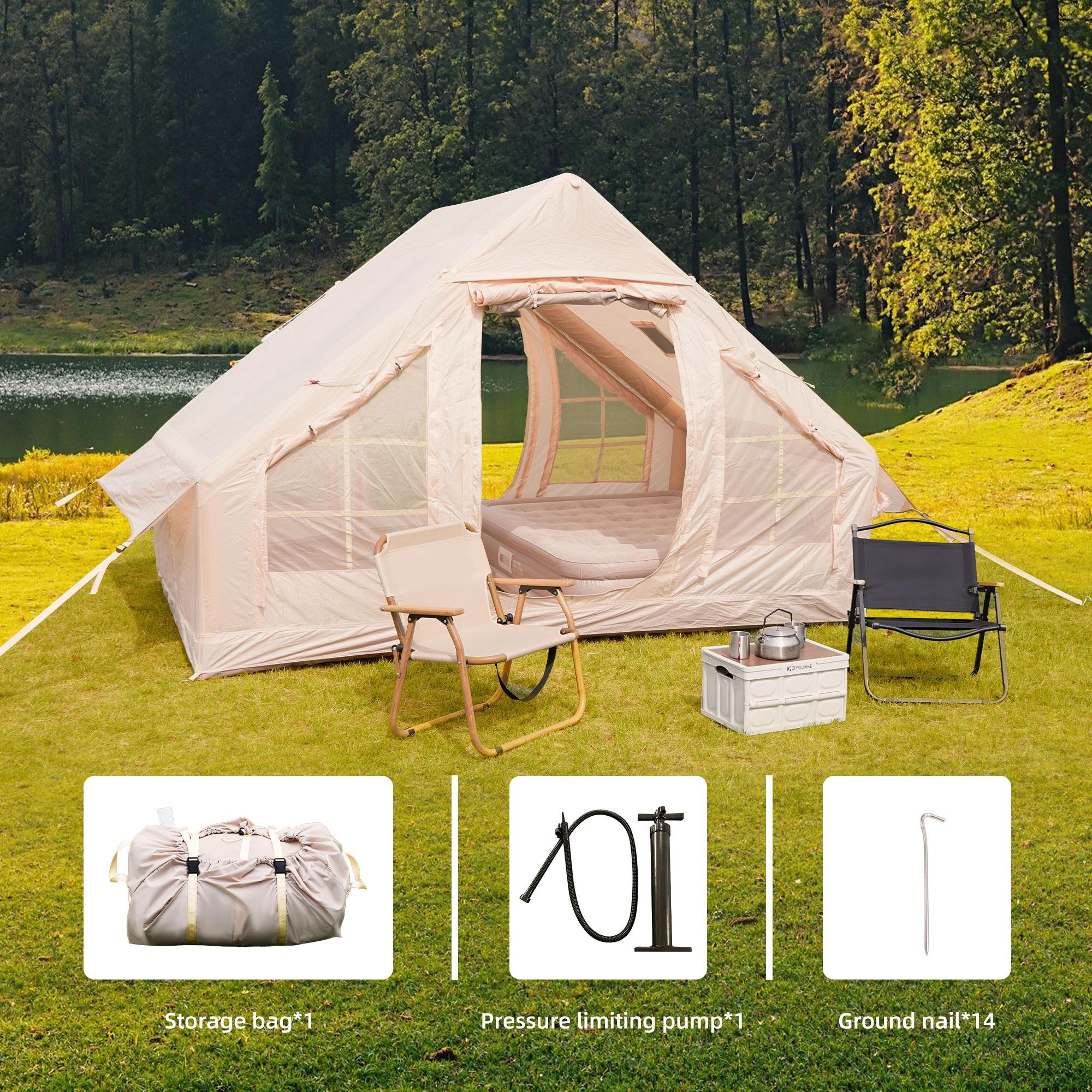 Waterproof Camping Tent with 3-5 Minute Hand Pump Setup, Sturdy Family Tent with Chimney Window, 118″ L x 82.5″ W x 78.5″ H, Beige