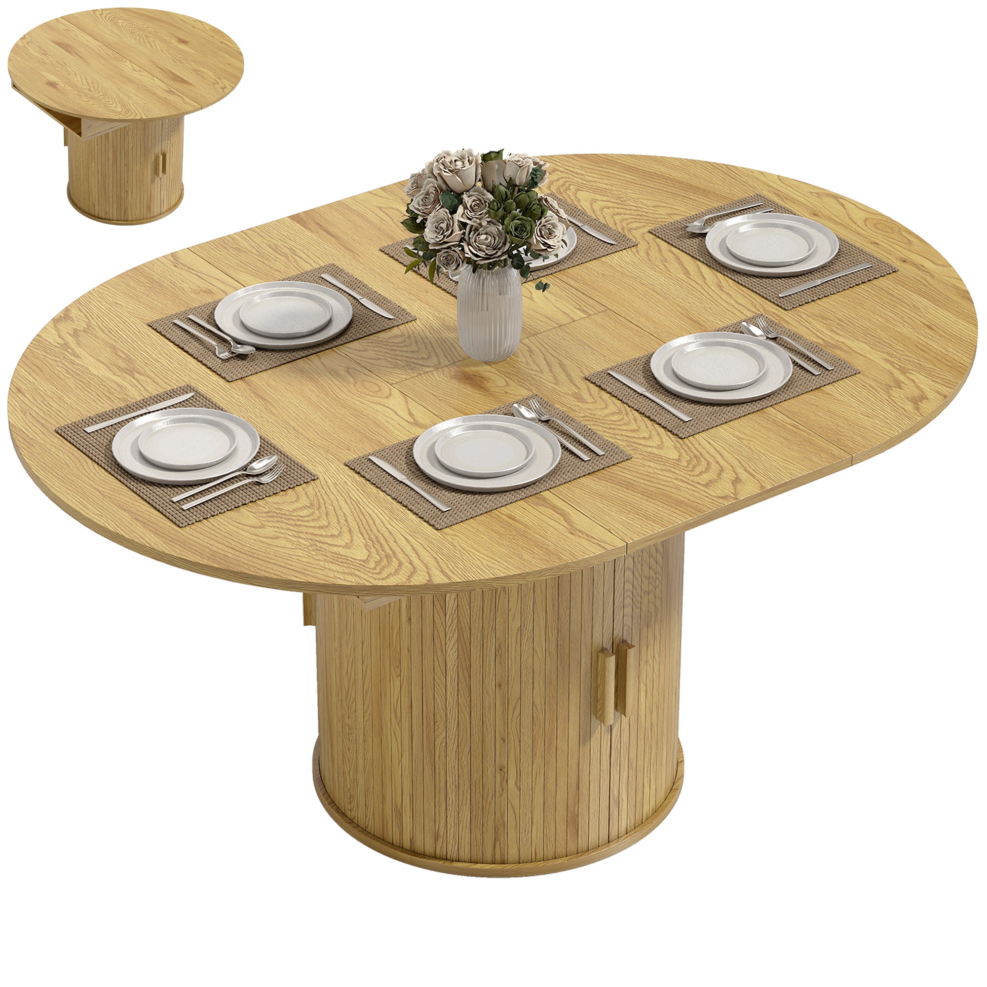 Extendable Dining Table for 6, 60" Farmhouse Kitchen Table with 2-Tier Storage Shelf and Fluted Sliding Doors, Natural