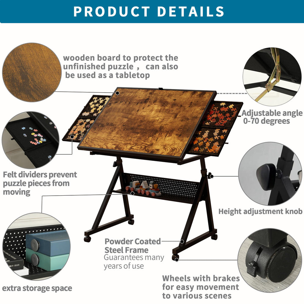 1500-Piece Jigsaw Puzzle Table with 4 Felt Storage Trays, Locking Casters, Drawing Desk with Wooden Cover, 35.5" L x 23.5" W x 29.5" H, Black
