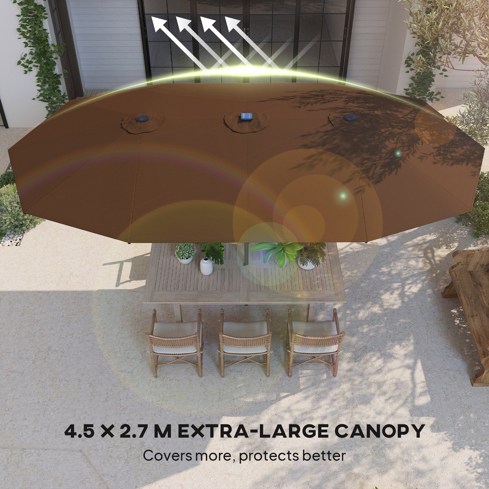 Garden Parasol, Double-Sided Sun Umbrella with LED Solar Lights, Patio Parasol for Outdoor, Coffee