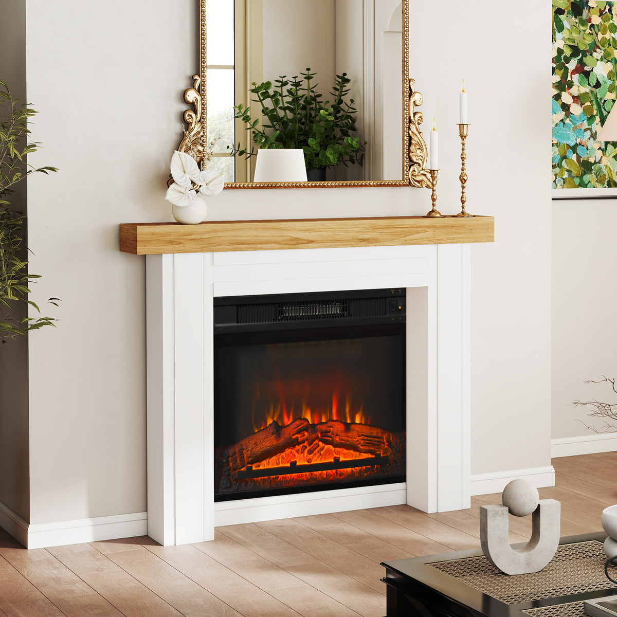 Modern Fireplace Mantel, Freestanding Fireplace Surround with Leg for Electric Fireplaces, 51.2" W x 40.6" H, Natural Wood