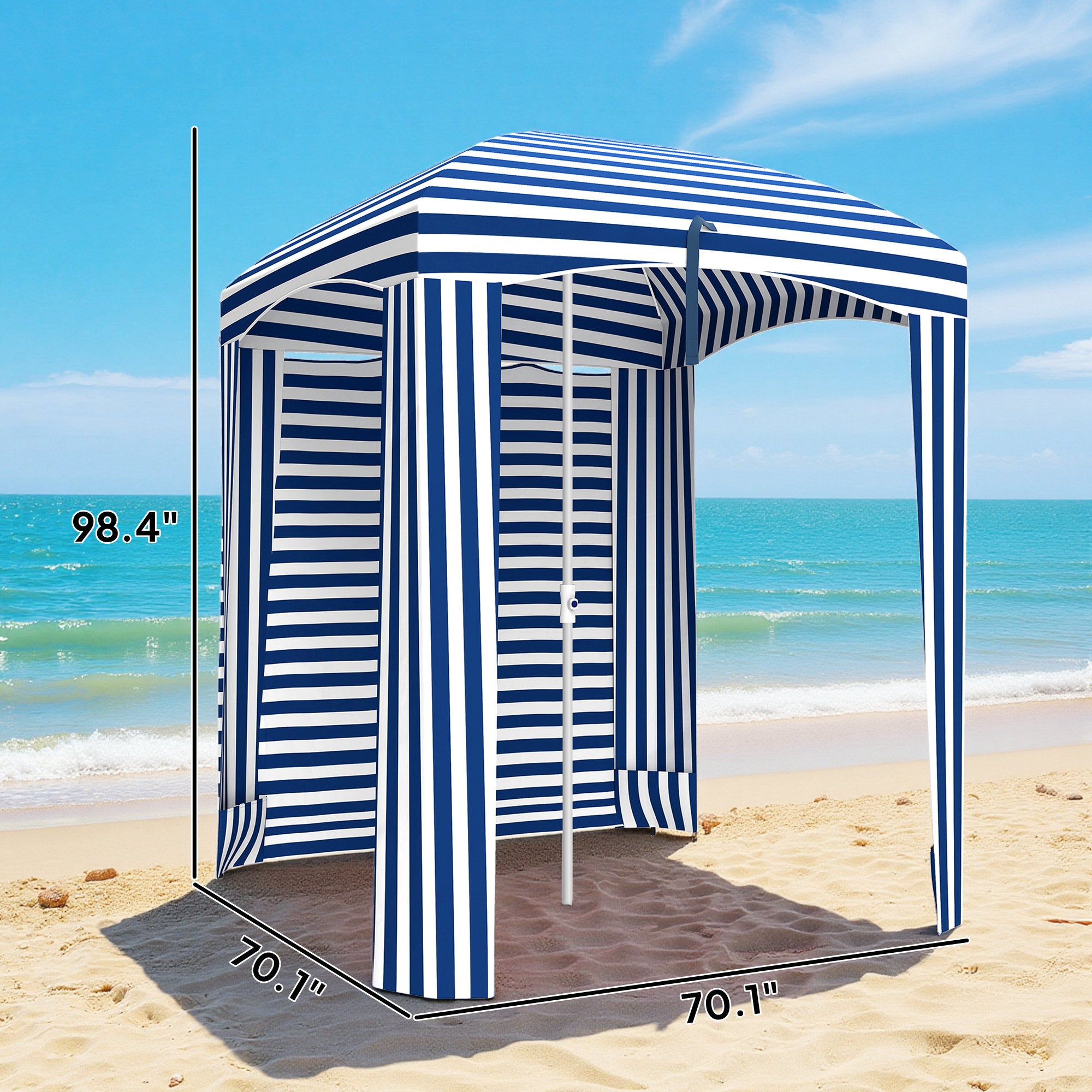 5.8' x 5.8' Cabana Umbrella with Walls, Vents, Ruffles, Carry Bag, Beach Umbrella, Blue White Stripe