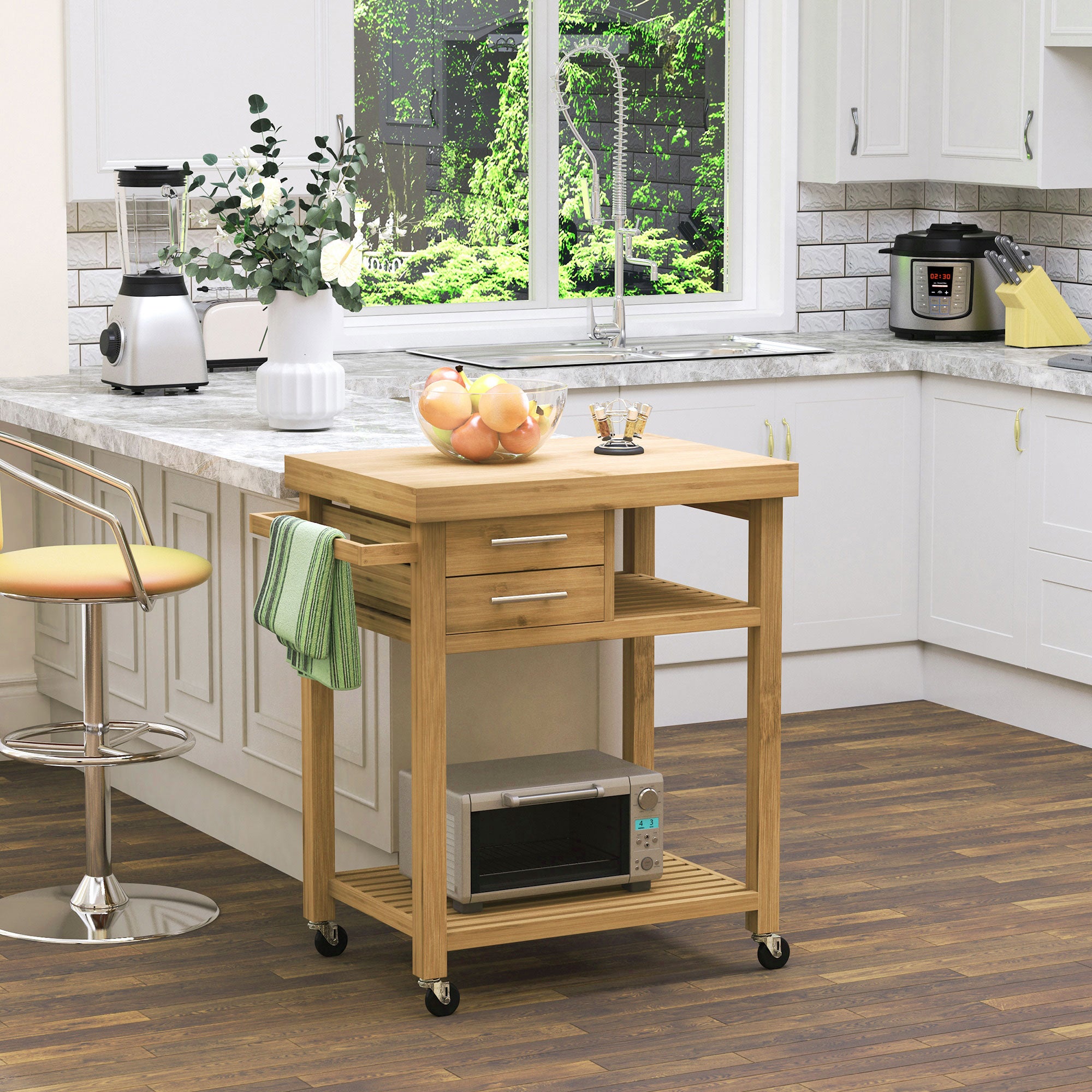 Bamboo Kitchen Island Cart on Wheels, Utility Trolley Cart with 2 Storage Drawers and Open Shelves, Bamboo Tone