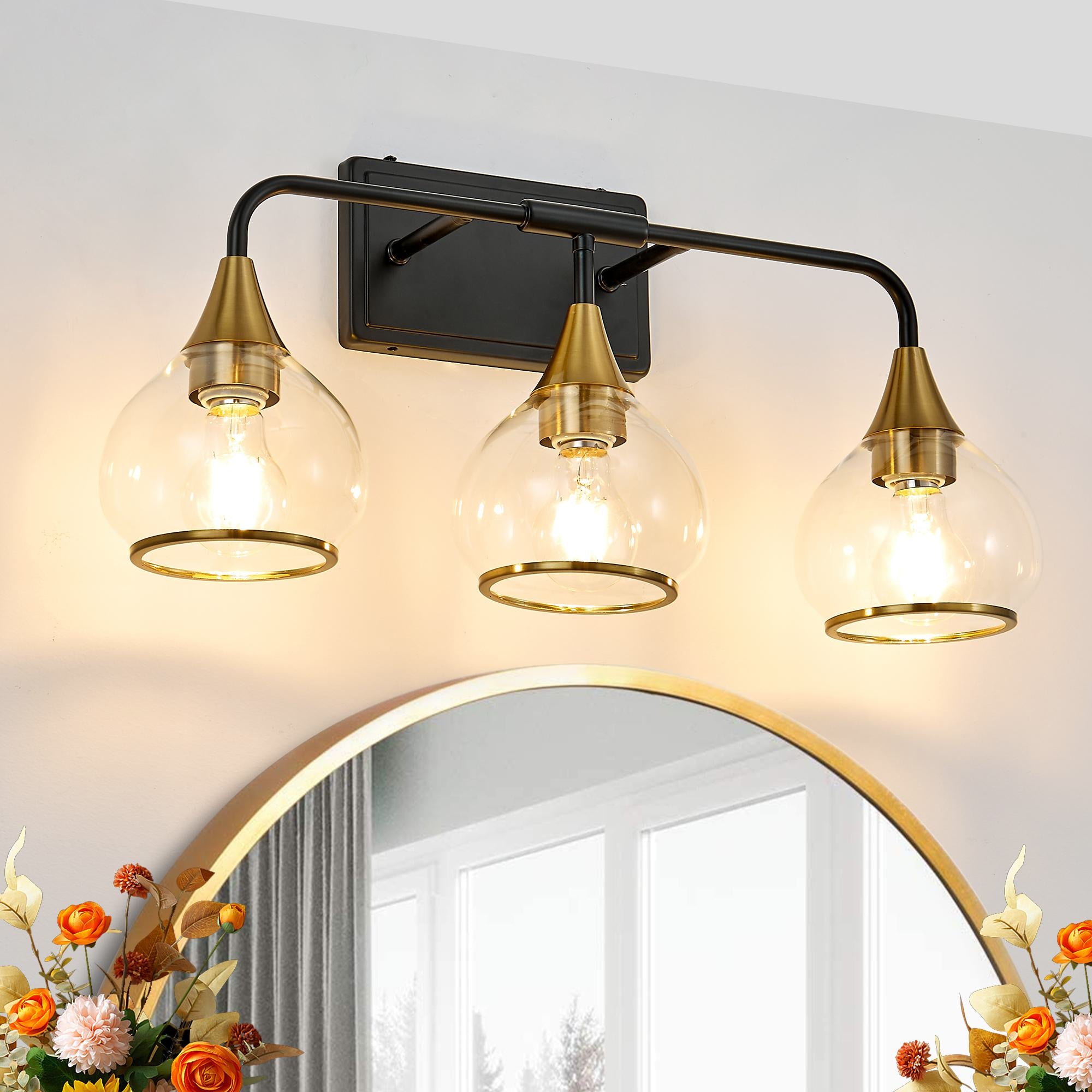 23" Industrial 3-Light Vanity Wall Sconce with Clear Glass Shades, Wall Mounted Lamp for Bathroom, Bedroom, 23" L x 8" W x 11" H, Black+Gold