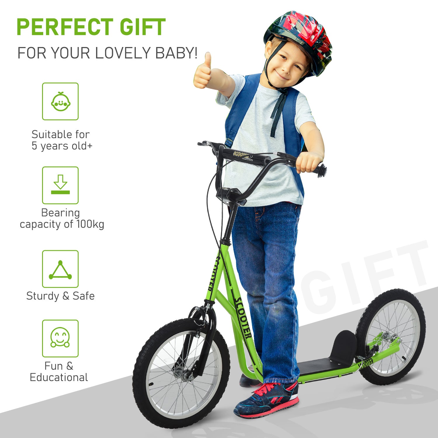 Youth Scooter Kick Scooter for Kids 5+ with Adjustable Handlebar Front and Rear Dual Brakes, Light Green