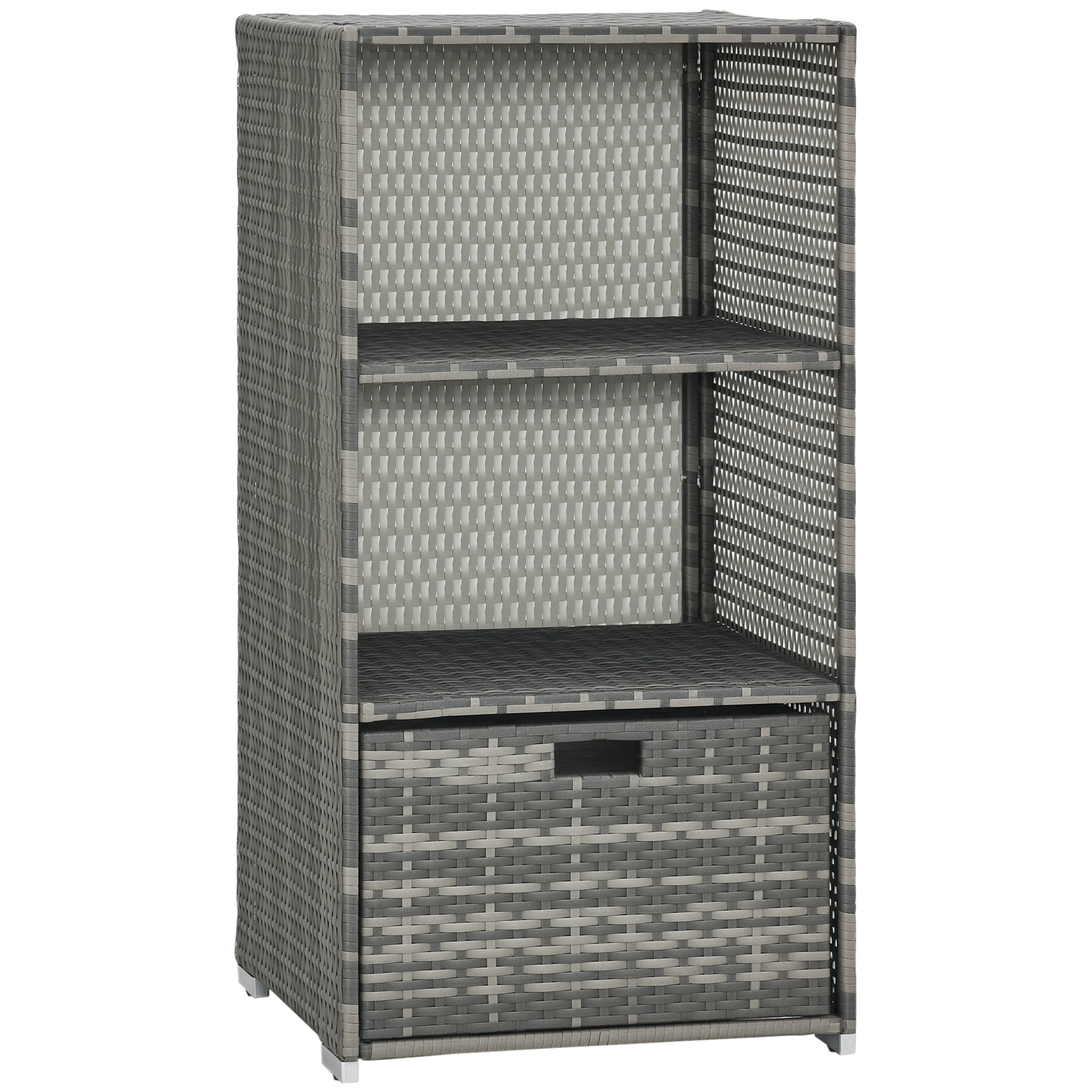 Valet Pool Towel Rack, Waterproof PE Plastic Rattan Wicker Storage Organizer, Indoor Outdoor Spa, and Hot Tub Accessory Storage, 2 Shelves, 1 Basket Drawer, Gray