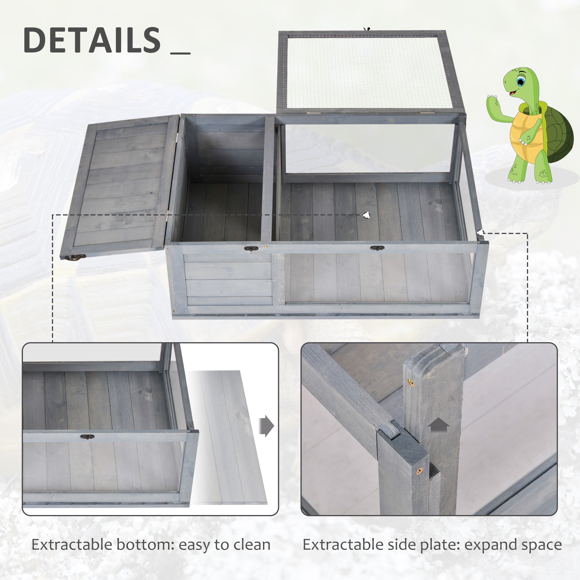 Wooden Reptile Cage with 3 Windows Slide-out Tray for Turtles, Lizards, Snakes