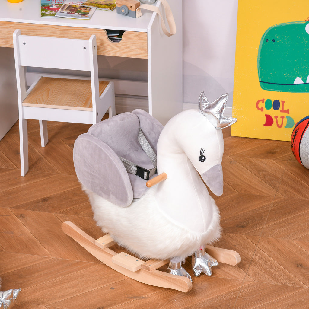 Kids Ride on Horse Swan Rocker with Sound, Plush Seat, Wooden Base, Safety Belt for Toddlers 18-36 Months, White